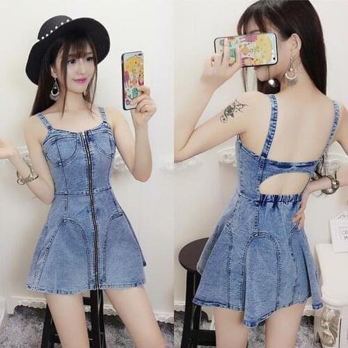 New 2021 Summer Women Strap Sexy Backless Denim Dress Chic Korean Sweet Elegant Zipper A-Line Vest Female Off Shoulder Dresses