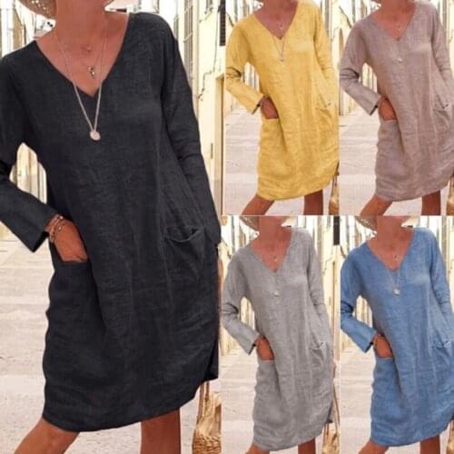 Vintage Linen Dress Pocket Summer Fashion Long Sleeve Pleated Dress Retro Street Sukienka Solid Color Women Ruched Dress Flax