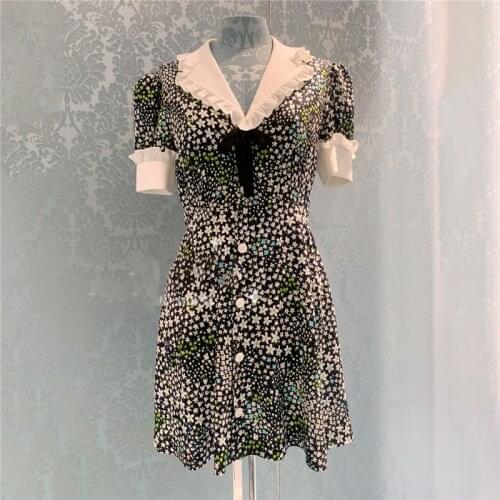 Miu Summer New Retro Tea Break Platycodon Grandiflora Floral A-line Dress Female Beach Vacation Chiffon Dress