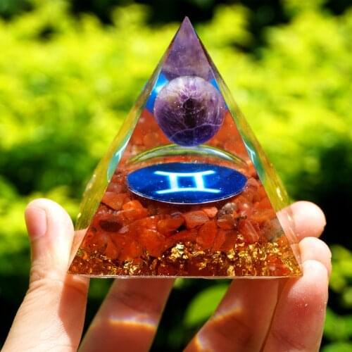 Zodiac Amethyst Sphere Orgone Pyramid 60mm GEMINI Geometry Pattern with Red Agate Crystal Stone Orgonite EMF Protection