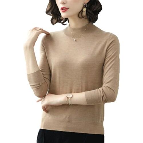 100% wool thin knit women fashion half high collar bottoming slim pullover sweater black 4color M-3XL