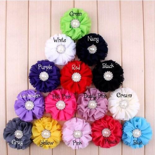 3" 16 Colors Chic Fluffy Chiffon Flowers With Rhinestone Pearl Button Fabric Flowers For Kids Headbands Hair Clip 50Pcs/lot