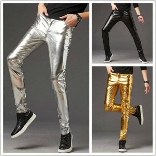 Men Faux Leather Pants Trousers Long Shiny Club Dance Wear Punk Gothic Gold New