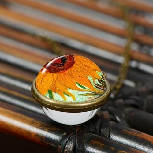 New Sunflower Double-sided Necklace 2020 Glass Ball Design Yellow Sunflower Print Handcrafted Pendant Bronze Color