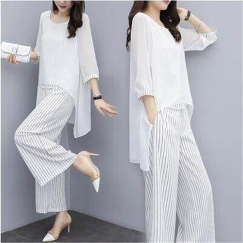 Two Piece Blouses And Pants Sets 2019 Summer Elastic Waist Stripes Chiffon Wide Leg Pants 2 Piece Set Fashion Outfits