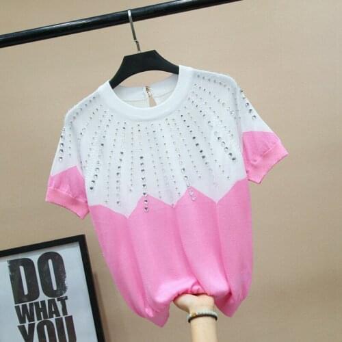 Summer Sweet Color Top Design Beaded Crystal Sparkling Loose Sweater Shirt Womens Knitted Thin T-shirt Ladies Tops Jumper Tees