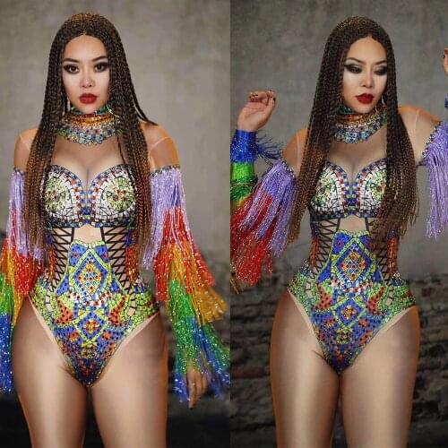 New Jazz Dance Costume Multi-Color Rhinestones Fringe Bodysuit DJ Women Singer Crystals Leotard Stage Wear Bar Nightclub Outfit