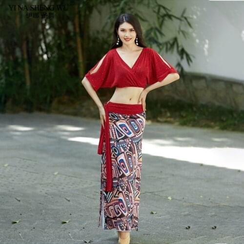 NEW Belly Dance Practice Costume Ice Silk Ethnic Style Print Sexy 2pcs Outfits Women Beginner Oriental Dance Performance Dress