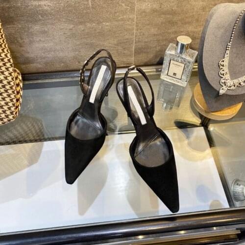 Casual Designer fashion women shoes real leather black suede crystal high heels slingback sandalias de las mujeres mujer 2021