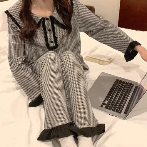 QWEEK Black Gray Pajamas Set Doll Collar Ruffle Pijamas Buttons Long Sleeve Trousers Two Piece Set Spring Autumn Sleepwear Cute