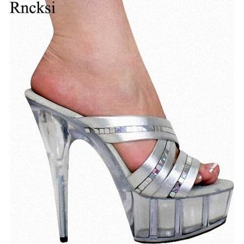 Rncksi Plus Size New Dance Sexy woman 15 cm high heel waterproof table cool flash powder crystal slippers fashion model Slippers