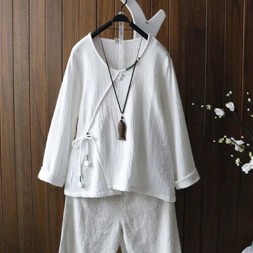 Traditional Chinese Clothing for Women Linen Top Shirt Blouse Kung Fu Nuiform Yoga Set Casual Full Sleeve Breathable Clothing