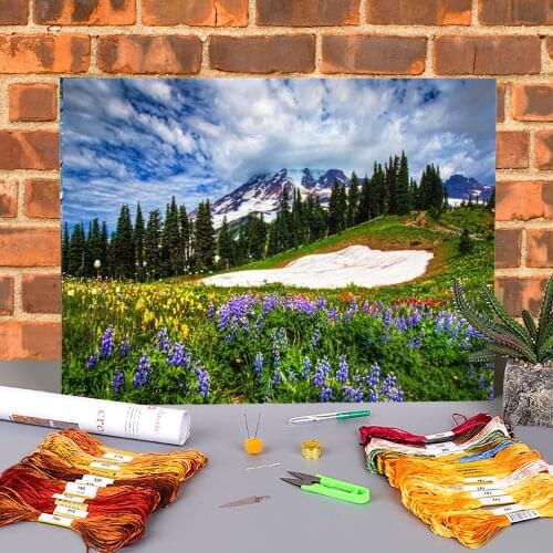 Flower Landscape Printed Water-Soluble Canvas 11CT Cross Stitch Set Embroidery DMC Threads Handicraft Sewing Adults
