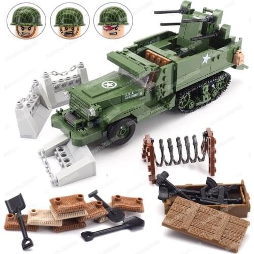 Military M16 Half Track Quadruple Pack Air Defense Vehicle Building Block WW2 Us Army Figures Weapons Armored Car Model Gift Toy