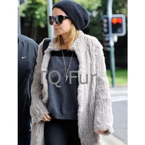 X-Long Real Rabbit Fur Overcoat Knitted Chick Rabbit Fur Jacktet Mandarin Collar Full Sleeves Women Outerwear