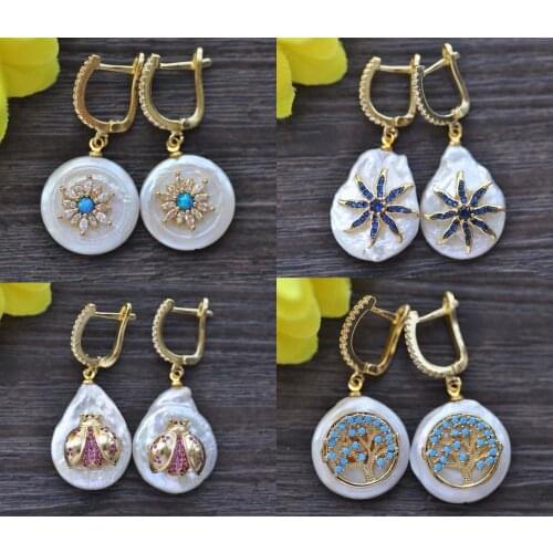 Z10037 18mm White Round / Drop Coin Pearl CZ Dangle Earring