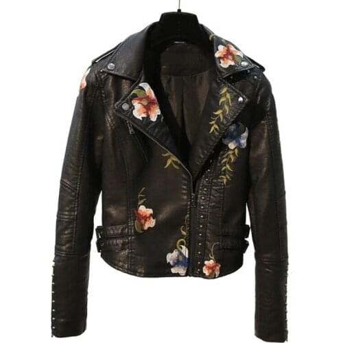 High-Quality Spring Autumn New Korean Women Slim Black Rivet Embroidery Motorcycle Jacket Long Sleeve Short PU Leather Coat G904