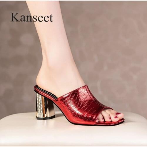 Kanseet Womens Slippers 2021 Summer Fashion Prom Party Dress High Heels Open-Toed Thick Heels Red Genuine Leather Shoes Woman