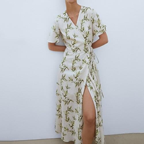 Leaf Print V Neck Sext Dress Casual Fashion Short Sleeve Party Dresses 2021 Autumn Lace Up Streetwear Linen Bodycon Dress Women