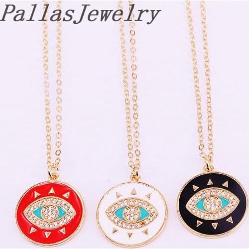 10PCS, Micro Pave CZ Zircon & Enamel Eye Round Pendants Trendy Gold Color Copper Necklace Turkish Jewelry For Women Gift