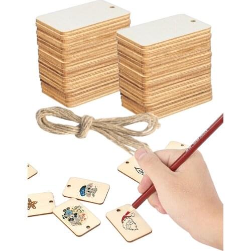 100pcs Unfinished Nature Wood Slice Gift Tags Blank Rectangle Wooden Hanging Label With Hemp Ropes for Wedding Party diy Decor