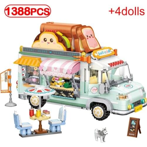 1388pcs Mini City Street View Bread Car Building Blocks Friends Toast Food Dining Car Figures Bricks Toys For Children Gifts