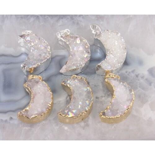 5pcs Nature AB Quartz Crescent Shape pendant,Gold Silver plated Quartz Gem stone pendant For Jewelry Making