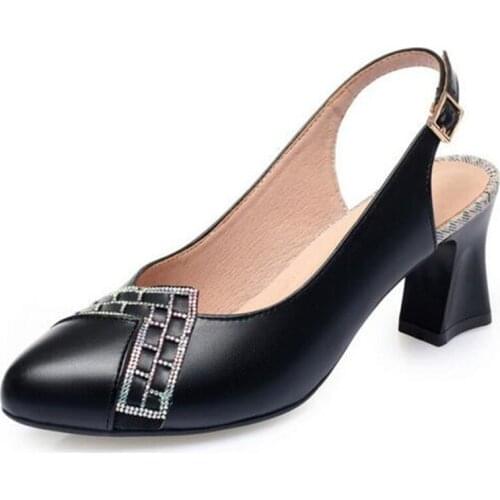 2021 New Top Cowhide Rhinestone Round Toe Summer Leather Sandals Women Fashion Shoes Temperament Elegant High Heel Sandals