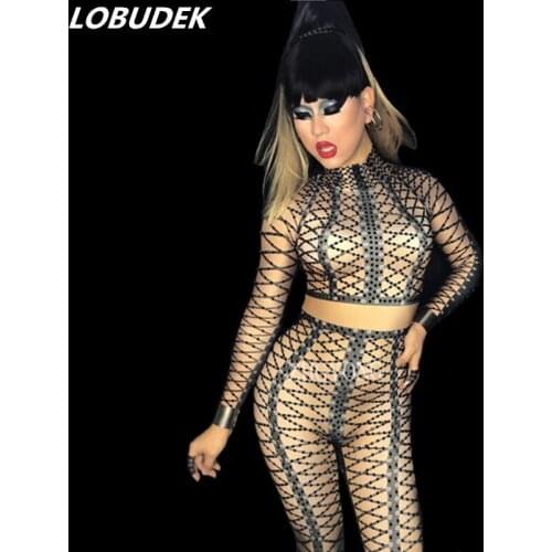 Black Rhinestones Bandage Printing Jumpsuit Nightclub Women Singer Concert Costume Bar Party Show Host Performance Stage Outfit