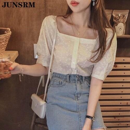 Elegant Square Collar Lace Shirt Women Plus Size Casual Loose Short Sleeve Summer Tops 2020 Summer New Cotton Linen Girls Blouse
