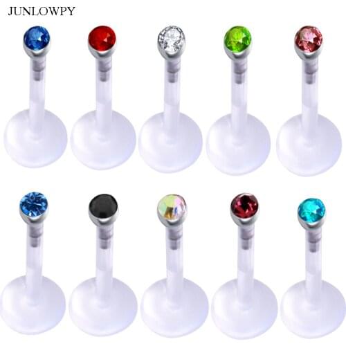 JUNLOWPY Acrylic UV Crystal Labret Rings Bioflex Body Jewelry Sexy Lip Bar Ear Stud Tragus Earring Piercing Mix 10 Colors 100pcs