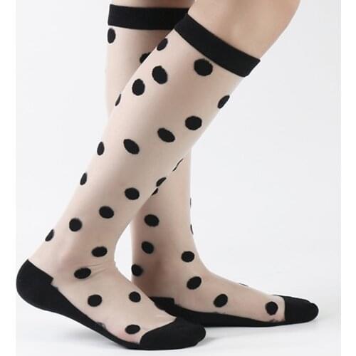 Korean/Japanese Cute Summer Transparent Long Tube Thin Calf Stockings Women Girls Student Glass Silk Mulit-Color Big Dots Meias