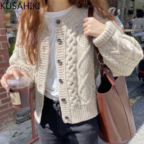 KUSAHIKI Korean Twisted Thick Sweater Coat Causal Long Sleeve O-neck Knitted Cardigan 2021 Autumn Winter New Knitwear Tops 6L047