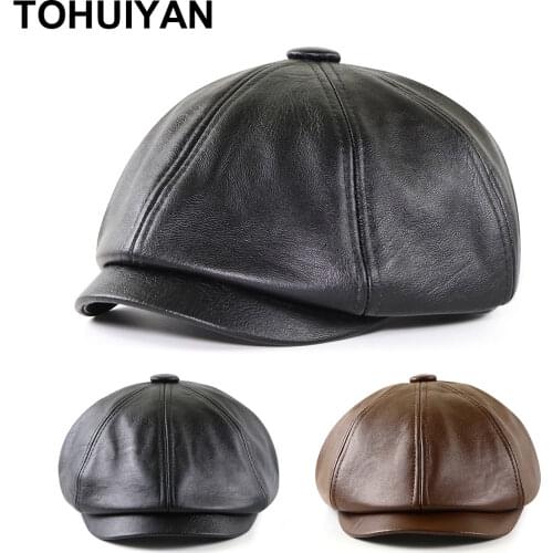 Top Level Leather Octagonal Hats For Men Autumn Winter Warm Cap Male Boinas Detective Hats Branded Gorras Planas Flat Caps