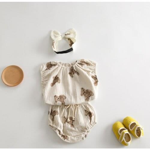 Summer Newborn Baby Clothing Bear Print Toddler Girls Clothes Set Sleeveless Tee and Bloomers with Headband 3 Pcs Suits