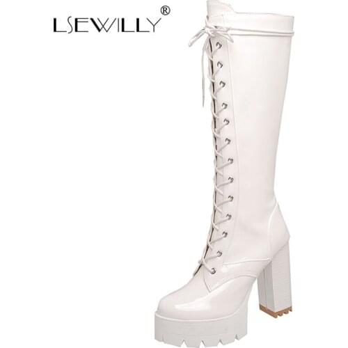Lsewilly Hot Sale Party Nightclub Shoes Women Knee High Boots Round Toe Lace Up Zip Sexy Fashion High Heels Platform Boots Lady