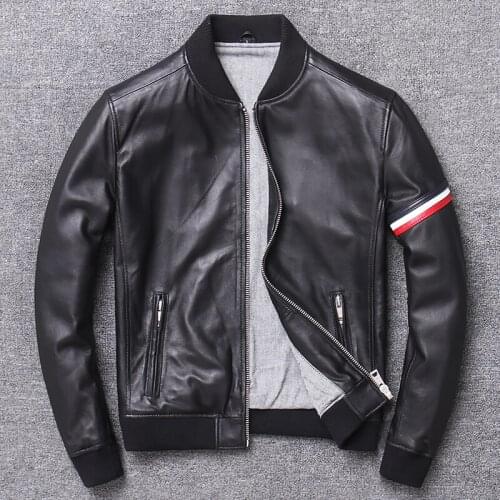 Mens Pure Natural Cotton Genuine Sheepskin Black Jacket Short Stylish Slim-fit Motorcycle Sheepskin Jacket Coat Large Size XL