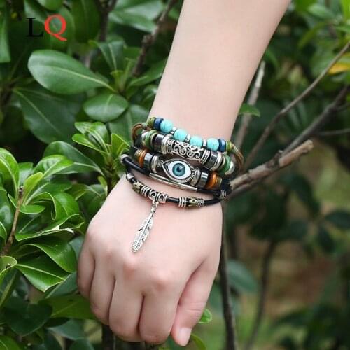 Bohemian Turkish Eyes Bracelets Set for Men Woman New Fashion Wristband Female Vintage Leaf Owl Leather Bracelet Jewelry Gifts