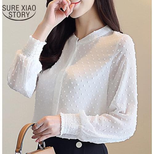 2021 New arrived women shirt sweet female V collar wave point long-sleeved suntan women blouse Korean style OL blusa 0974 30