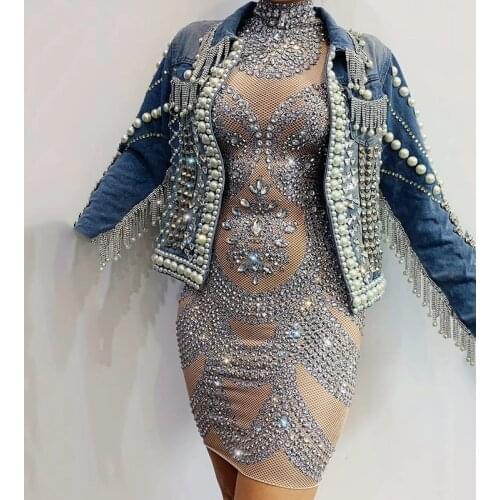 Rhinestones Dress Pearls Rivet Denim Jacket Women Singer Dancer Celebrity Dresses Bar Birthday Outfit Evening Prom Wear DJ1931