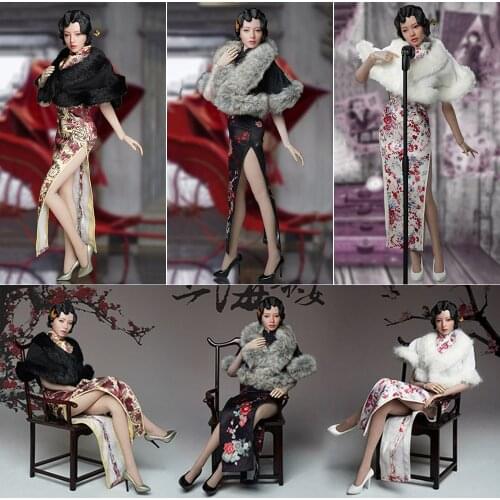 SUPER DUCK SET046 1/6 Scale Shanghai Women Head Sculpt with Movable Eyes Retro Dress Cheongsam Shoes Set for 12'' Figure Body