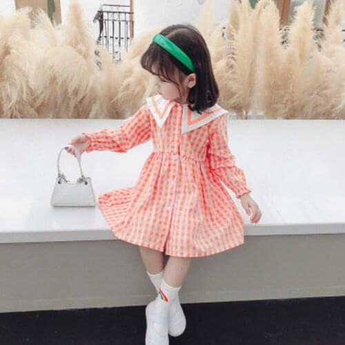 Girls spring and autumn dresses 2020 new middle and small children Korean college style childrens skirt autumn checkered dress