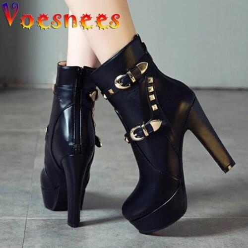 Womens Shoes Thick Heel Martin Boots Super High Heels 2021 Winter Zipper Rivet Belt Buckle Plus Size 34-43 Black Platform Boots
