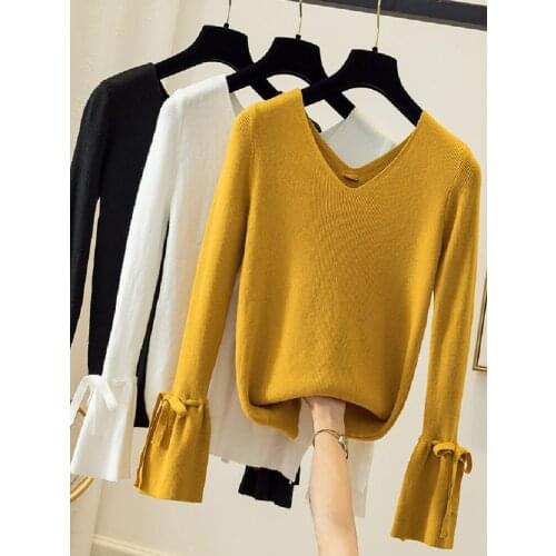 2021 Spring New Korean Trumpet Sleeve V-neck Sweater Womens Loose Bow Long Sleeve Pullover Knitted Top