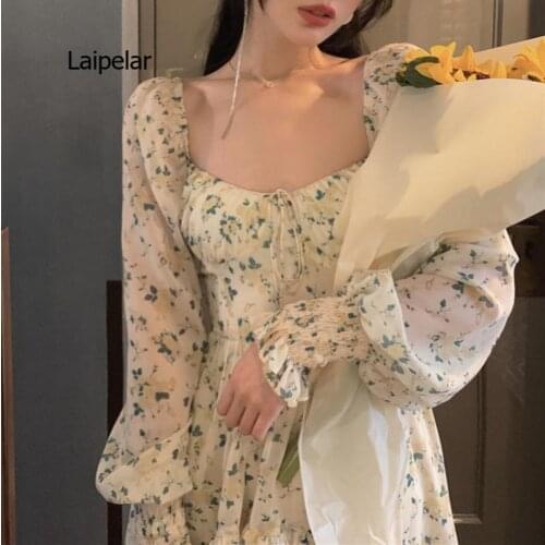 2021 Sweet Floral Dress Women Elegant Mini Dress Bandage Beach One Piece Dress Korean Vintage Office Lady Long Sleeve
