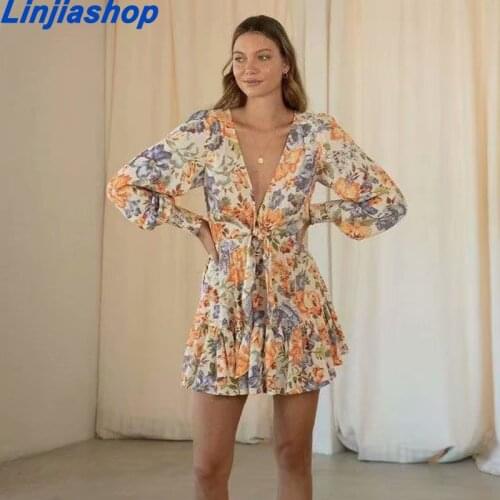 2021 Summer Dress New Rainbow Flower Print Splicing Long Sleeve V-neck Big Swing Women Holiday Elegant Fairy Dress