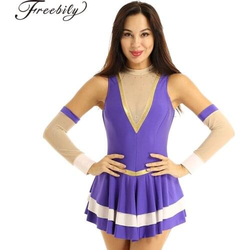 Women Mesh Splice V-shape Ballet Gymnastics Leotard Figure Skating Dress Ballerina Tutu Performance Dress Leotard + Arm Sleeves