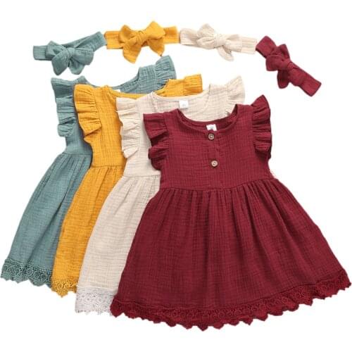 2021 Baby Summer Clothing 1-4T Infant Kids Baby Girls 100% Cotton Solid Dress Ruffled Lace Sleeveless Sundress Casual Gown