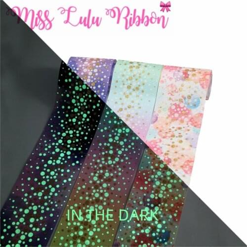 3"75mm Gold Glitter Full White Ink Printing Glow in the Dark Gradient Color Printed Grosgrain Ribbon DIY Hair Bands 50yards/roll