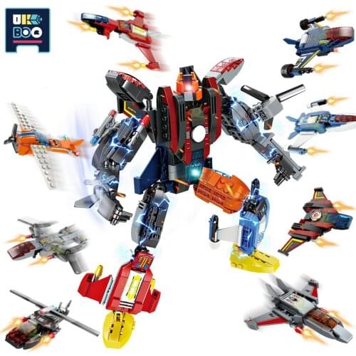 749PCS 8IN1 WW2 Military Mecha Building Blocks City Robot Vehicle Airplane Weapon Aircraft Fighter Bricks Toys For Children Boys